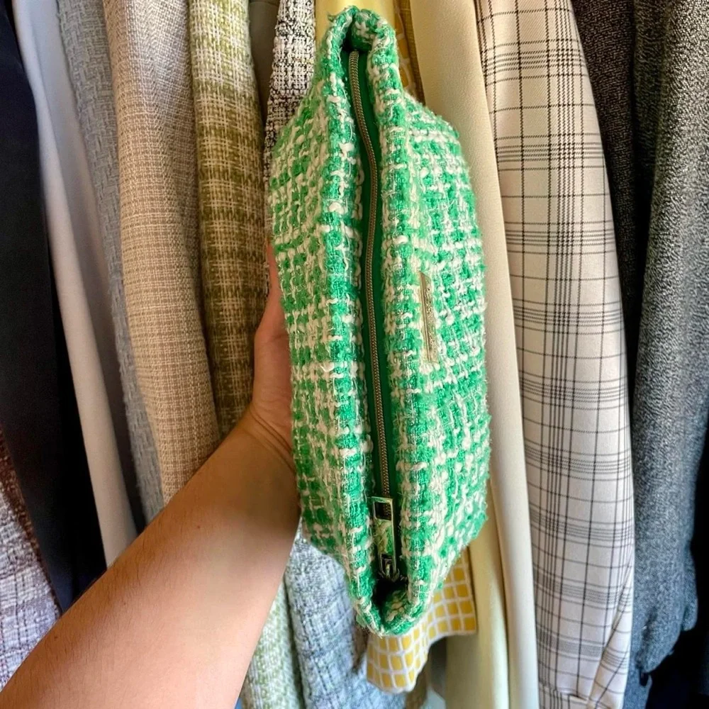 Mario Badescu green and white tweed makeup bag